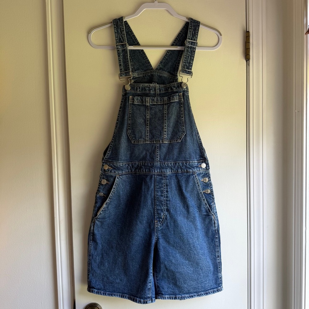Gap Denim Womens XS Medium Wash Blue Jean Shortall Overalls Bib Pocket Utility